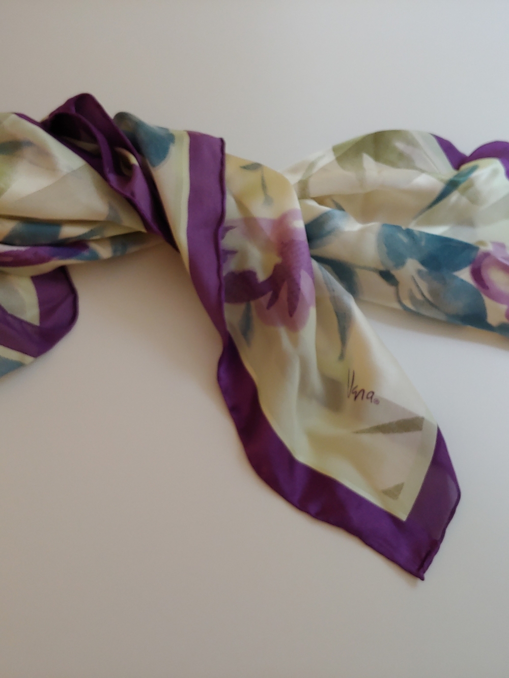 Ina Purple-Trim Floral Silk Scarf with Blue and Green Blooms